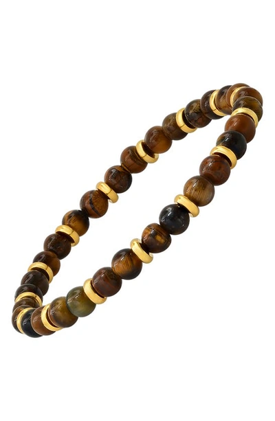 Hmy Jewelry 18k Gold Plated Tiger's Eye Beaded Stretch Bracelet In Brown/ Yellow