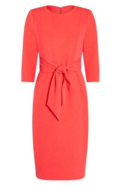 Shop Adrianna Papell Tie Waist Crepe Sheath Dress In Vibrant Coral