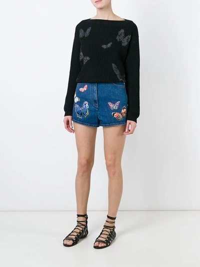 Shop Valentino 'jamaica Butterflies' Embroidered Denim Shorts