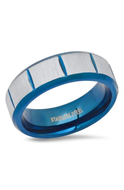 Shop Hmy Jewelry Two-tone Blue Ion Plated Stainless Steel Brushed Band Ring In Blue/ Metallic
