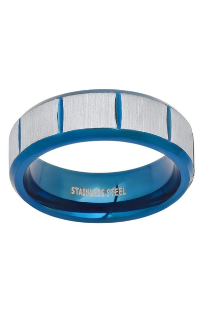 Shop Hmy Jewelry Two-tone Blue Ion Plated Stainless Steel Brushed Band Ring In Blue/ Metallic