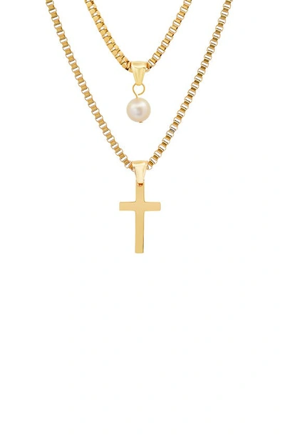 Shop Hmy Jewelry 18k Gold Plated Stainless Steel Imitation Pearl & Cross Pendant Layered Necklace In Yellow