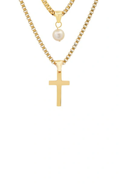 Shop Hmy Jewelry 18k Gold Plated Stainless Steel Imitation Pearl & Cross Pendant Layered Necklace In Yellow