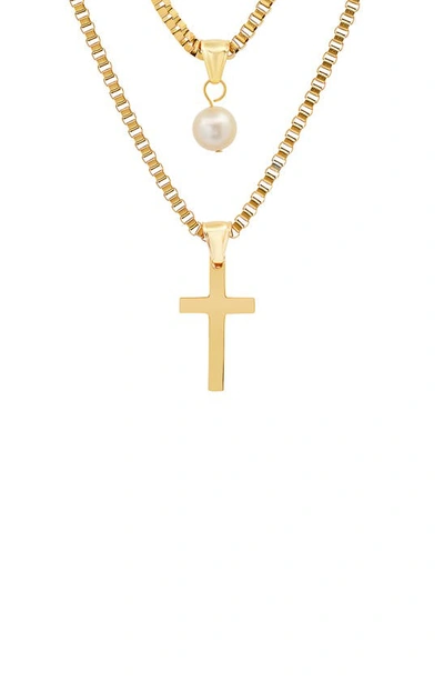 Hmy Jewelry 18k Gold Plated Stainless Steel Imitation Pearl & Cross Pendant Layered Necklace In Yellow