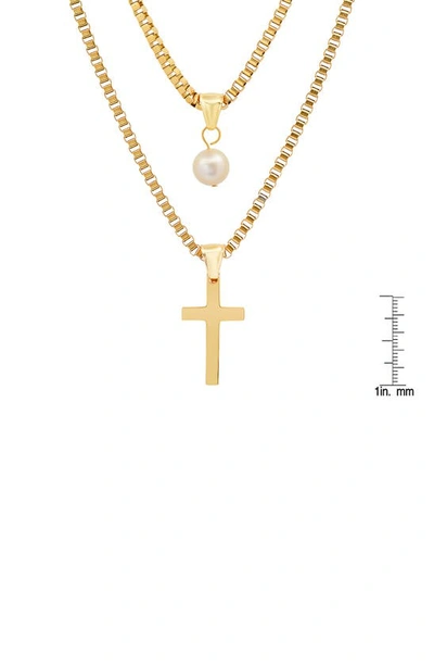 Shop Hmy Jewelry 18k Gold Plated Stainless Steel Imitation Pearl & Cross Pendant Layered Necklace In Yellow