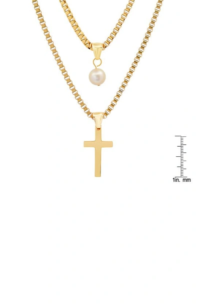 Hmy Jewelry 18k Gold Plated Stainless Steel Imitation Pearl & Cross Pendant Layered Necklace In Yellow