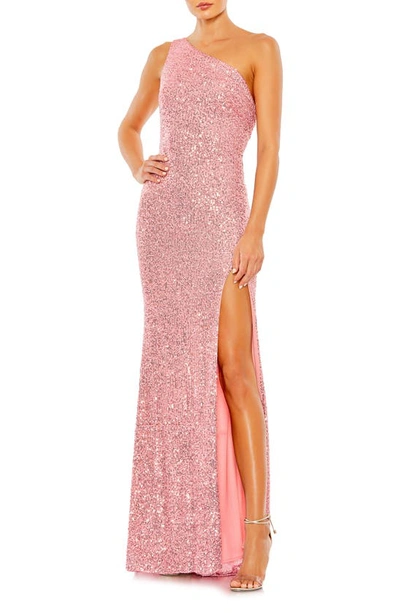 Shop Ieena For Mac Duggal One-shoulder Sequin Gown In Pink