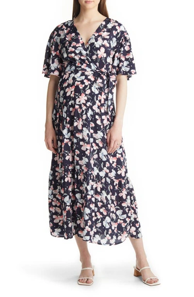 Shop Angel Maternity Floral Faux Wrap Maternity Maxi Dress In Navy