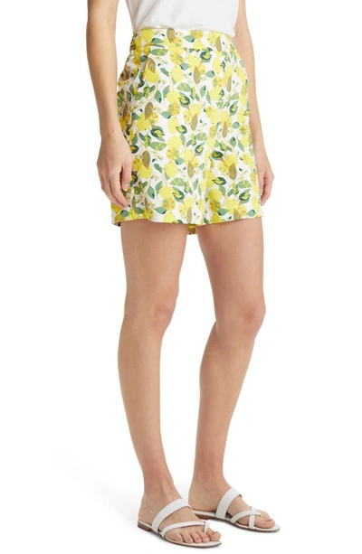Shop Boden Danby Tropical Print Cotton Blend Shorts In Ivory Lemon Vine
