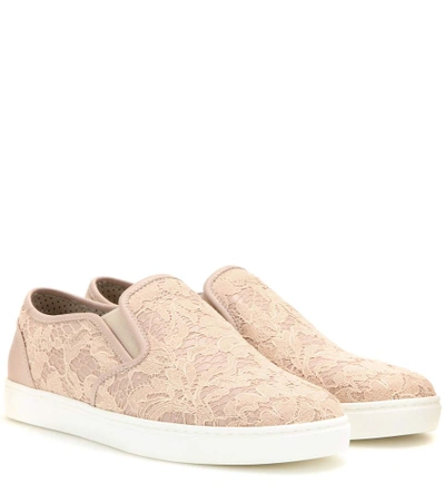 Dolce & Gabbana Pink Leather Lace Slip On Loafers In Beige