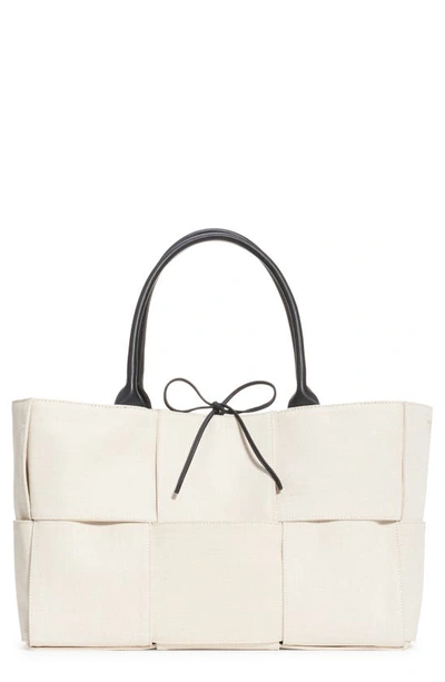 Shop Bottega Veneta Arco Woven Canvas Tote In Naturale/ Nero/ Gold