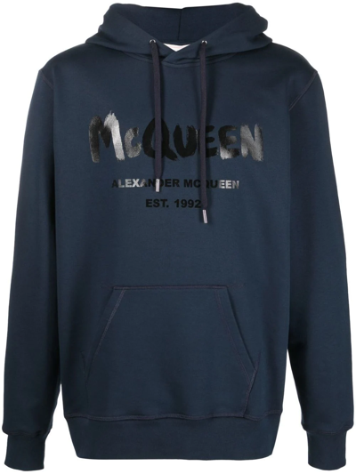 Shop Alexander Mcqueen Logo-print Hooded Sweatshirt In Blue