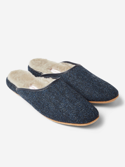 Derek Rose Men's Mule Slippers Douglas 2 Harris Tweed Sheepskin Navy In Navy