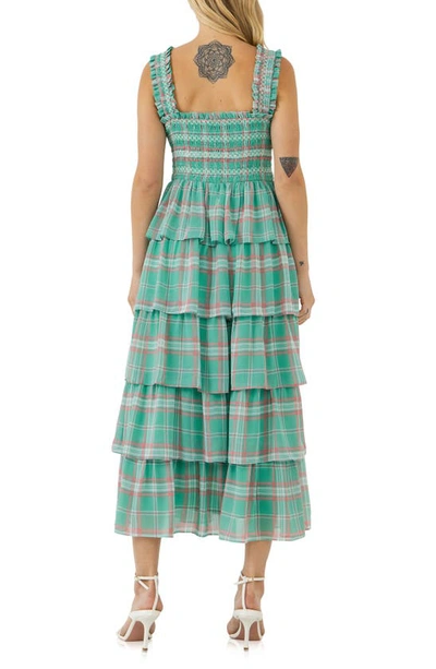 Shop English Factory Tiered Plaid Maxi Dress In Green Multi