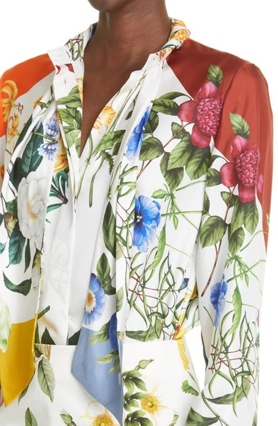 Shop Oscar De La Renta Geometric Floral Tie Neck Silk Twill Blouse In White Multi