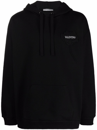 Shop Valentino Cotton Logo Floral Patch Hoodie In Black