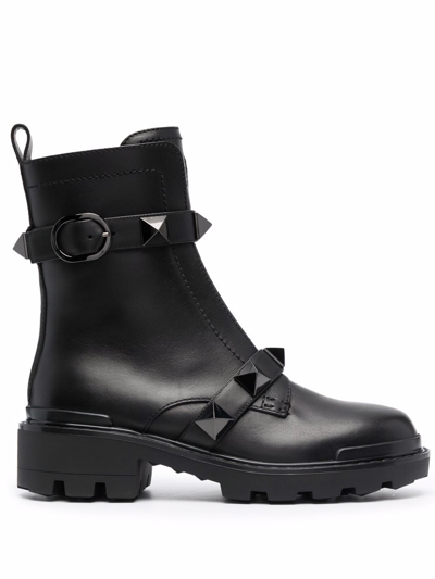 Shop Valentino Roman Stud Leather Combat Boots In Black