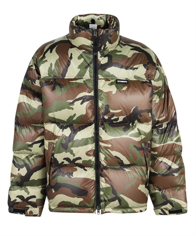 Shop Vetements Logo Camo Puffer Jacket In Green