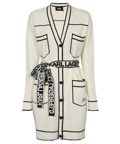 Shop Karl Lagerfeld Belted Cardigan In White