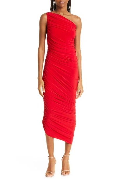 Shop Norma Kamali Diana Asymmetric One-shoulder Midi Dress In Red