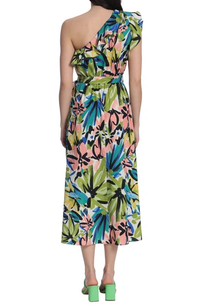 Shop Donna Morgan For Maggy Floral One-shoulder Stretch Cotton Dress In White/ Olive Green