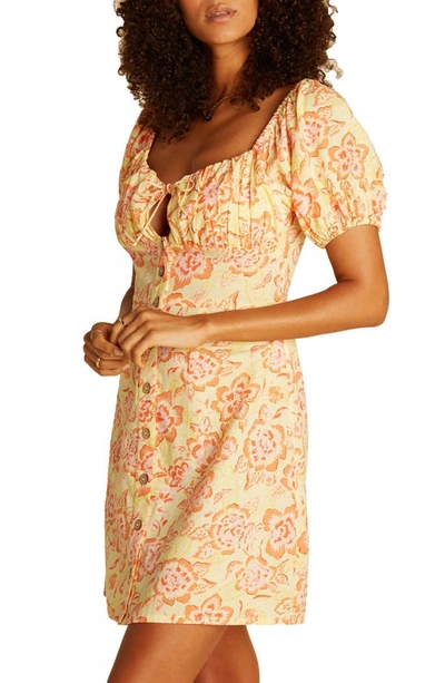 Shop Billabong X Wrangler Far & Away Floral Print Puff Sleeve Cotton & Linen Dress In Sol Rider