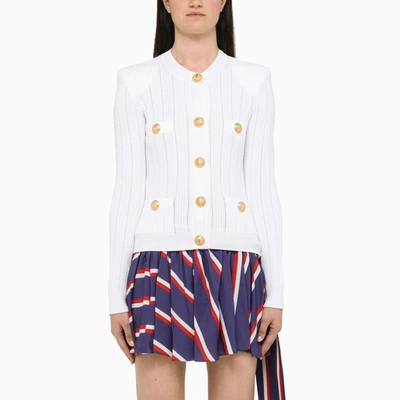 Shop Balmain White Cardigan With Gold Buttons