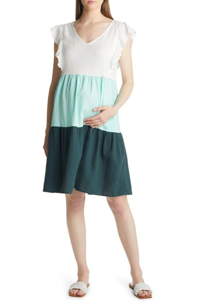 Angel Maternity Color Block Tiered Maternity/nursing Dress In Green