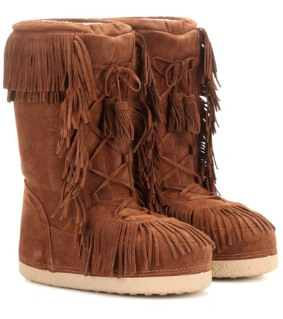 Aquazzura Woman Boho Karlie Shearling-lined Fringed Suede Boots Tan In Brown