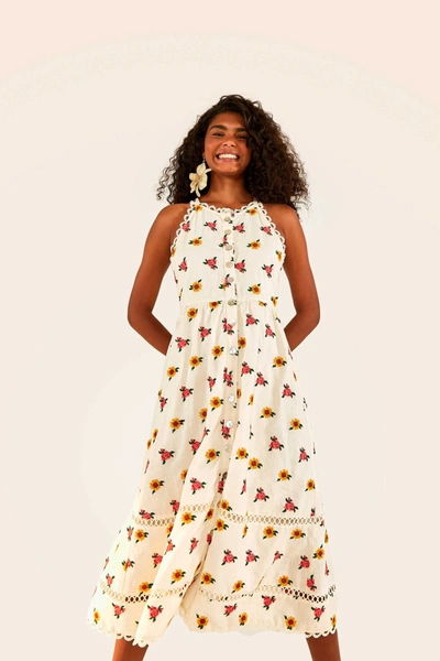 Shop Farm Rio Mixed Cross Stitch Flowers Midi Dress In Off-white