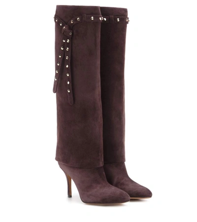 Valentino Garavani Embellished Suede Knee-high Boots In Brown