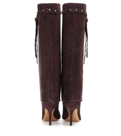 Shop Valentino Embellished Suede Knee-high Boots In Brown