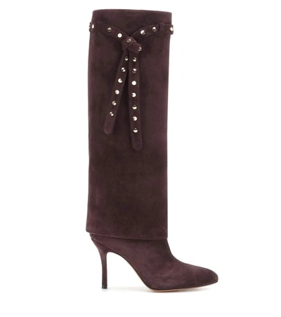 Shop Valentino Embellished Suede Knee-high Boots In Brown