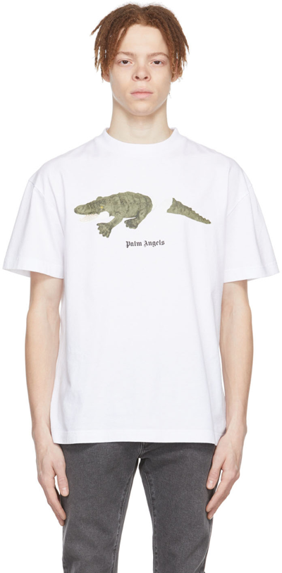 Shop Palm Angels White Cotton T-shirt In White/green