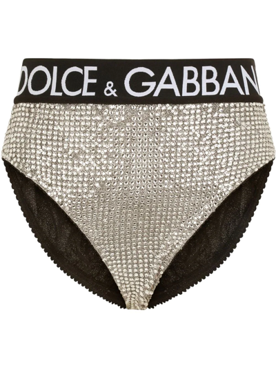 Shop Dolce & Gabbana High-waisted Crystal-embellished Briefs In Black