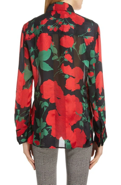 Shop Saint Laurent Rose Print Button-up Silk Blouse In Noir Rouge Vert