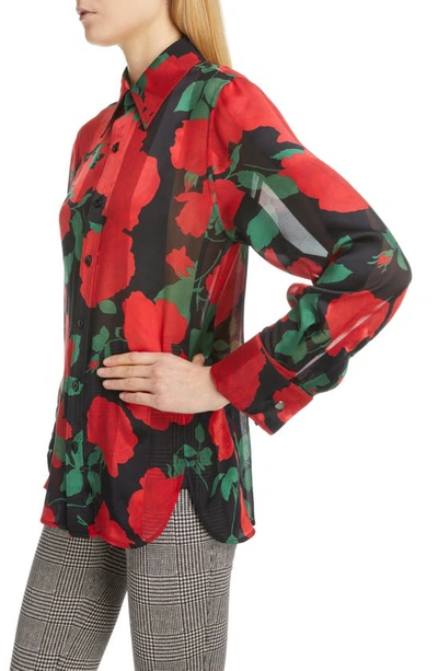 Shop Saint Laurent Rose Print Button-up Silk Blouse In Noir Rouge Vert