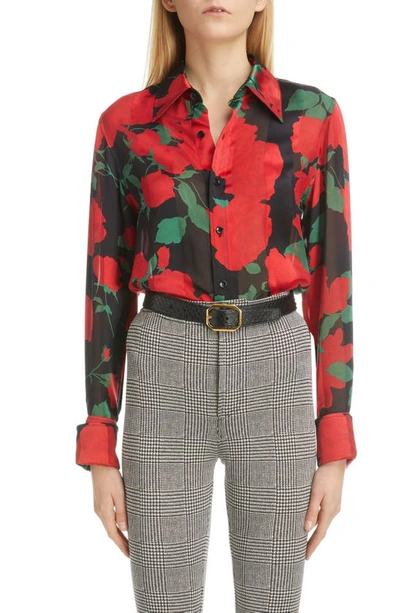 Shop Saint Laurent Rose Print Button-up Silk Blouse In Noir Rouge Vert