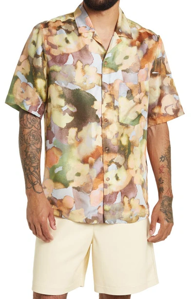 Shop Nanushka Bodil Floral Short Sleeve Silk Button-up Camp Shirt In Watercolor