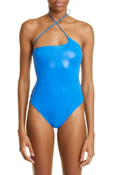 Shop Attico Asymmetric Halter Neck One-piece Swimsuit In Electric Blue