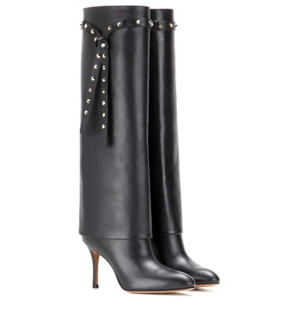 Shop Valentino Garavani Embellished Leather Knee-high Boots In Black