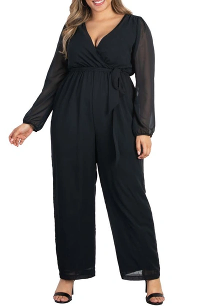 Shop Kiyonna Celina Long Sleeve Chiffon Jumpsuit In Black Noir
