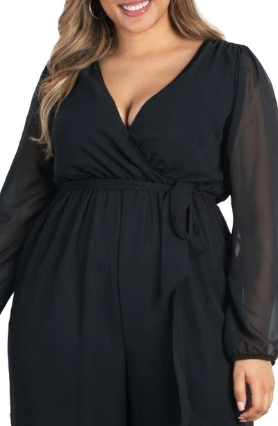 Shop Kiyonna Celina Long Sleeve Chiffon Jumpsuit In Black Noir