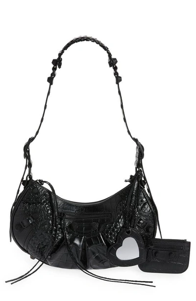 Shop Balenciaga Le Cagole Lambskin Shoulder Bag In Black Embossed