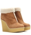 CHLOÉ SUEDE AND SHEARLING WEDGE ANKLE BOOTS,P00144561-10