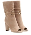 Jimmy Choo Mysen 100 Nude Suede Sandal Booties With Metal Chain Detail