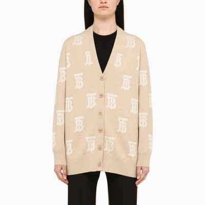 Shop Burberry Beige Cardigan With Tb Embroidery