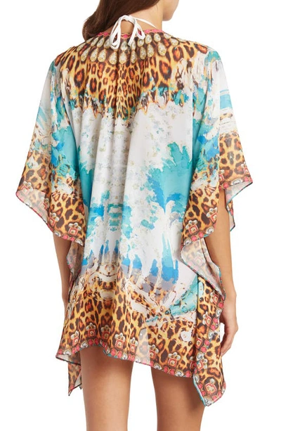 Ranee's Lace-up Printed Kimono In Turquoise