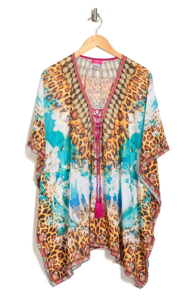 Ranee's Lace-up Printed Kimono In Turquoise
