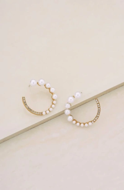 Ettika Crystal & Imitation Pearl Frontal Hoop Earrings In Gold